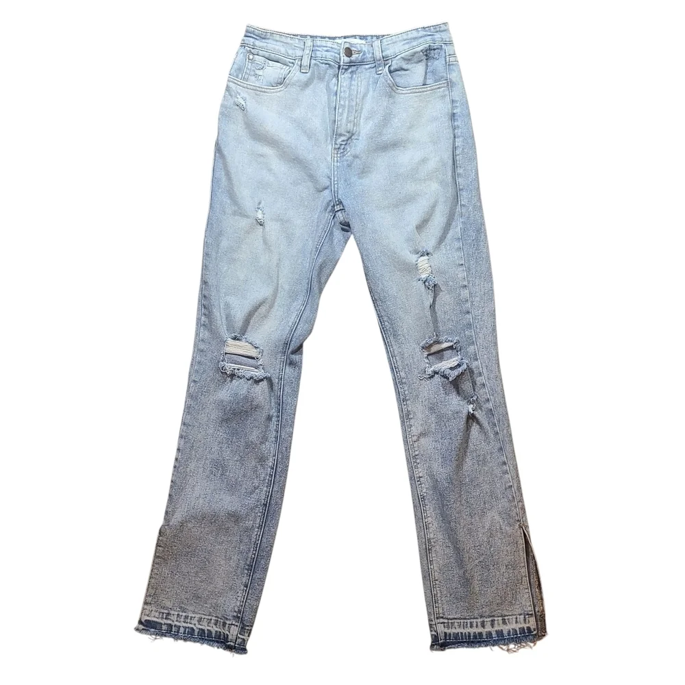 Nature Denim High Rise Mom Jeans Light Wash Distressed Raw Hem Size 9